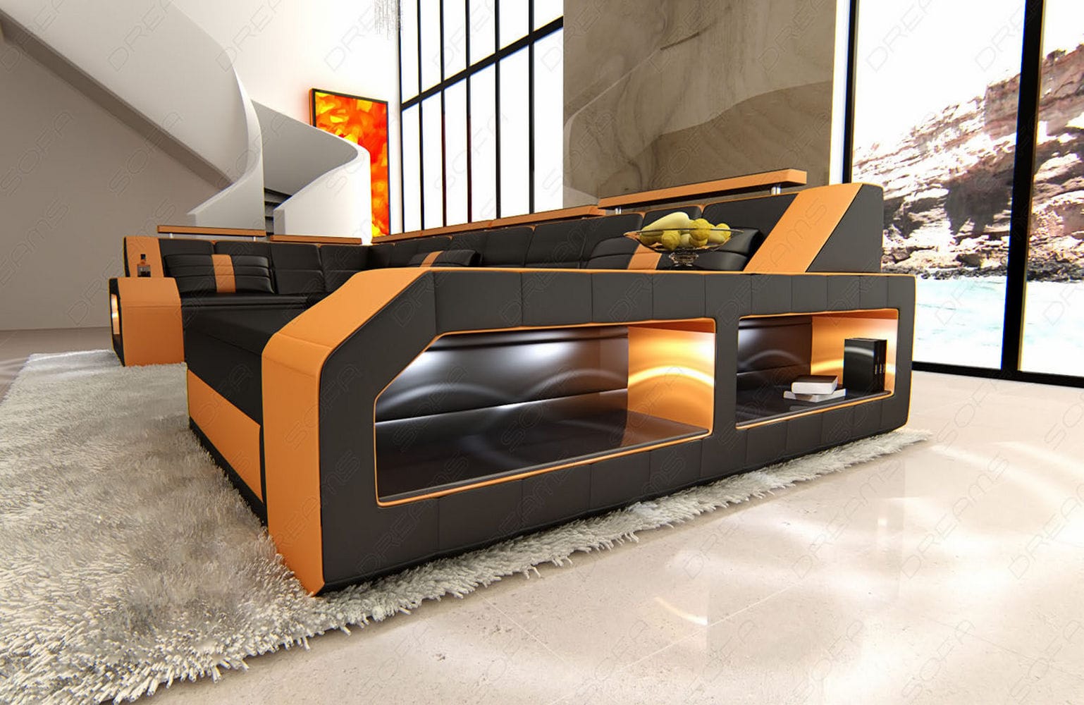 Leder Wohnlandschaft Arezzo mit LED schwarz-orange