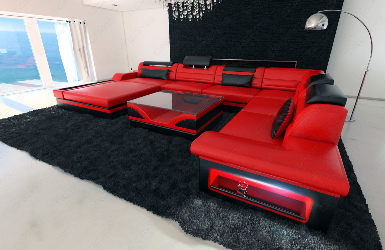 Mini XXL Wohnlandschaft Mezzo U-Form aus Leder Rot-Schwarz