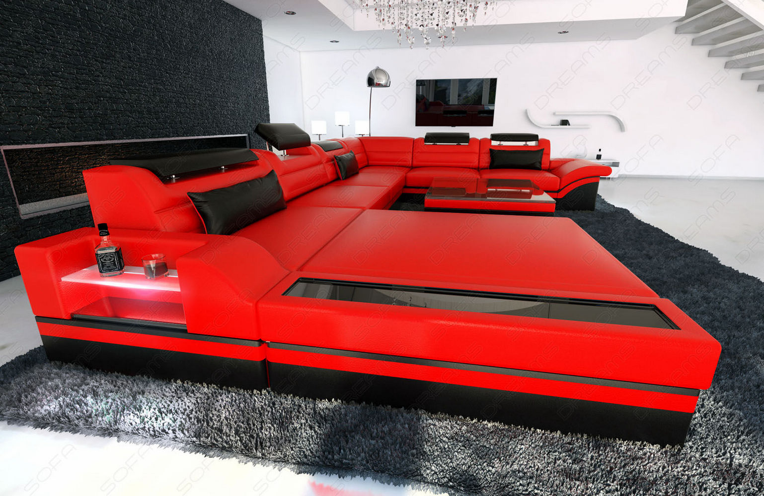 Mini XXL Wohnlandschaft Mezzo U-Form aus Leder Rot-Schwarz