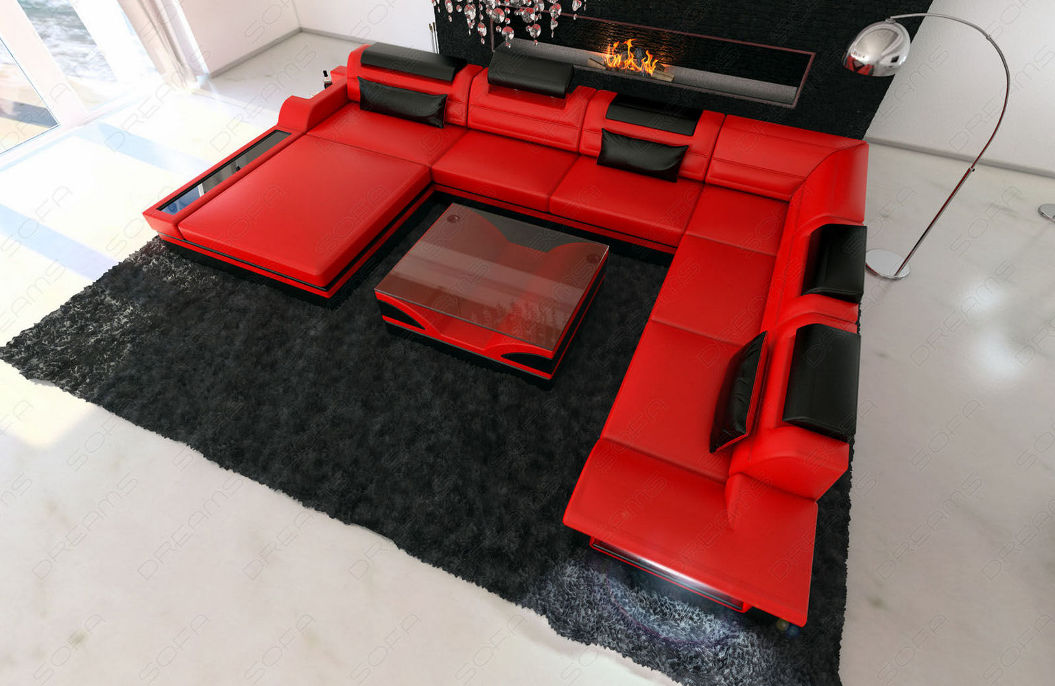 Mini XXL Wohnlandschaft Mezzo U-Form aus Leder Rot-Schwarz