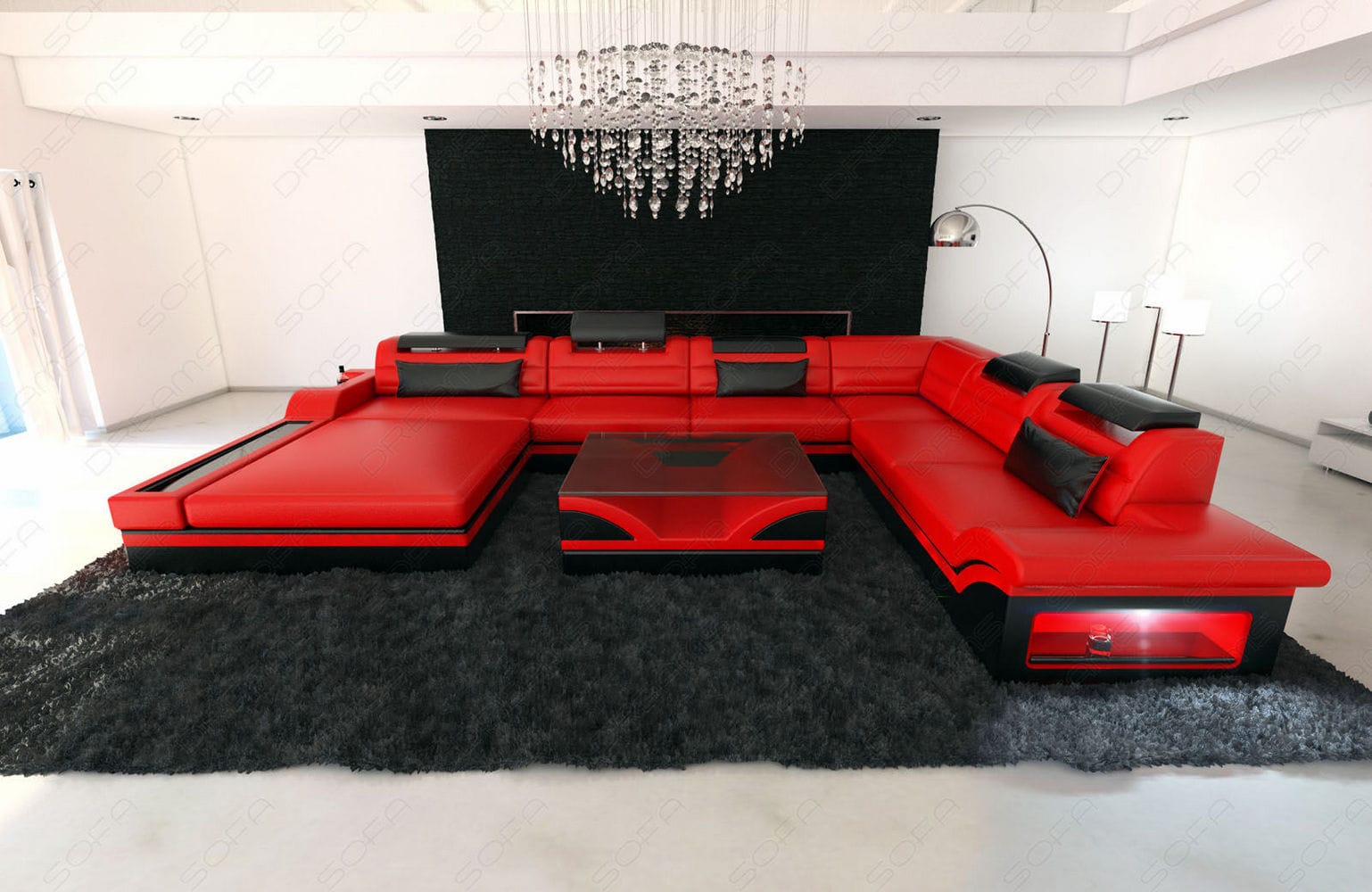 Mini XXL Wohnlandschaft Mezzo U-Form aus Leder Rot-Schwarz