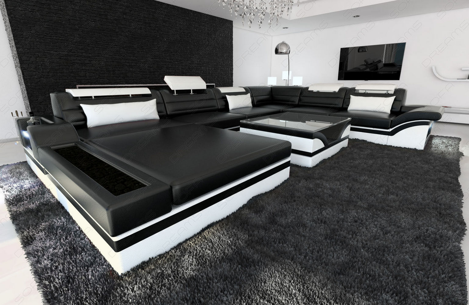 Mini Designer-Wohnlandschaft Mezzo XXL mit LED Schwarz-Weiß