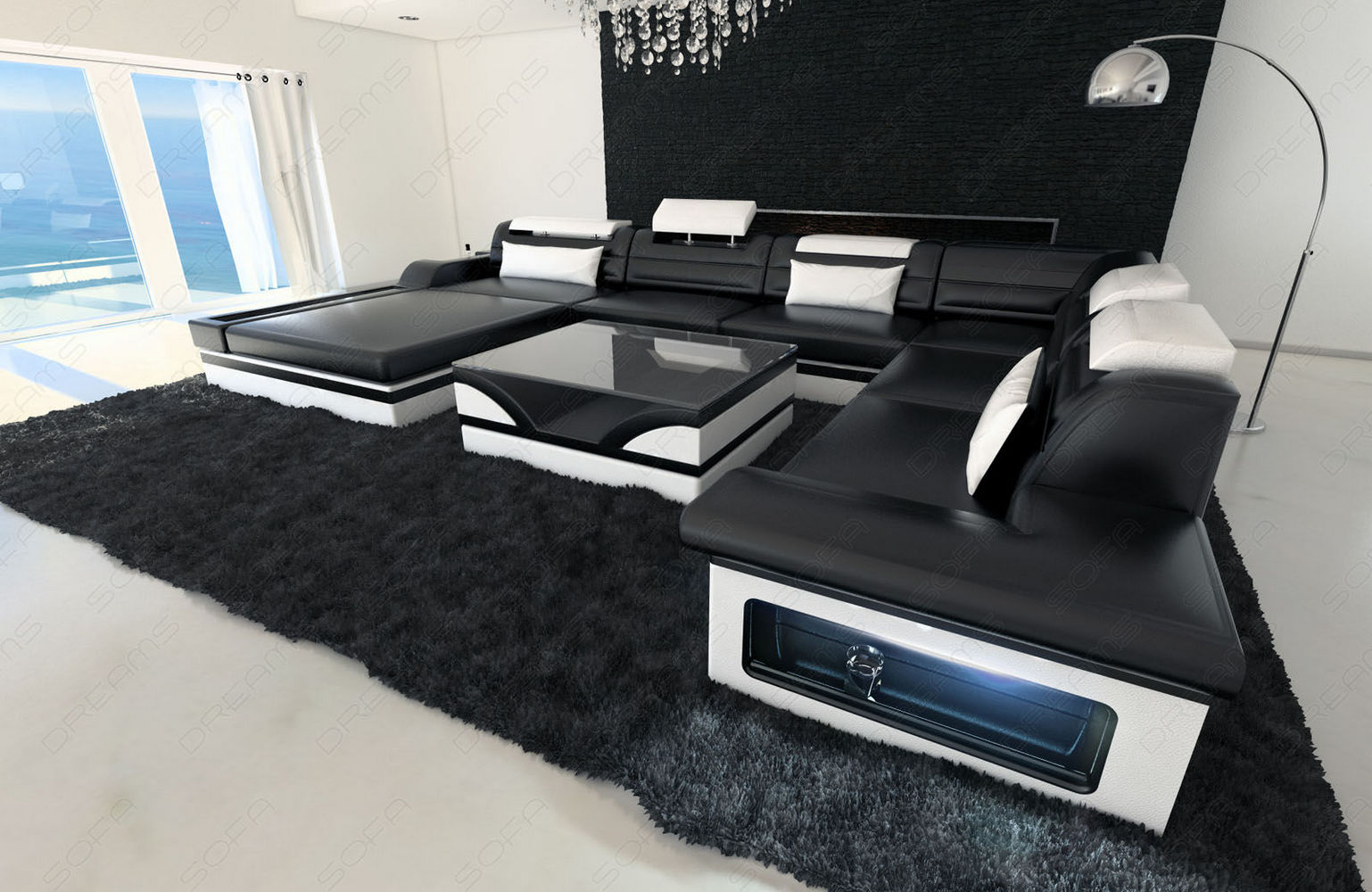 Mini Designer-Wohnlandschaft Mezzo XXL mit LED Schwarz-Weiß