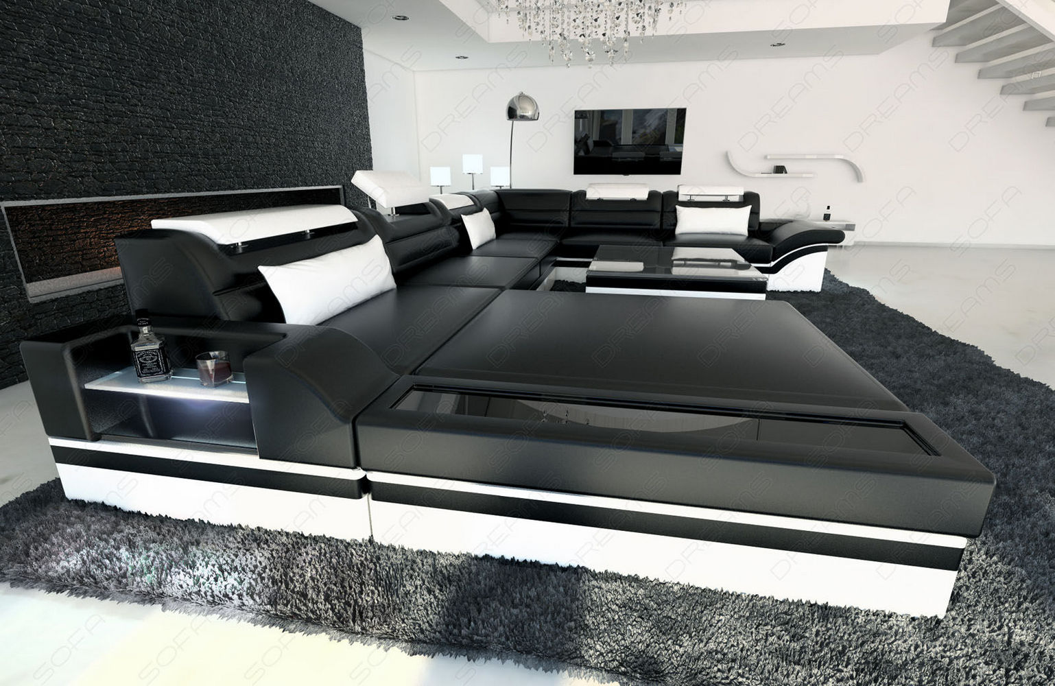 Mini Designer-Wohnlandschaft Mezzo XXL mit LED Schwarz-Weiß
