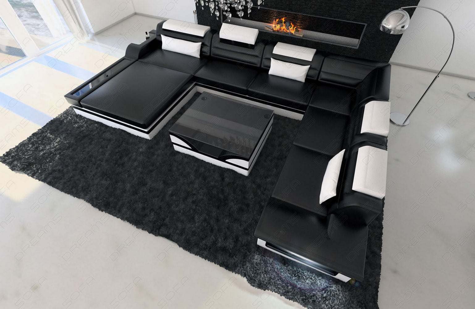 Mini Designer-Wohnlandschaft Mezzo XXL mit LED Schwarz-Weiß