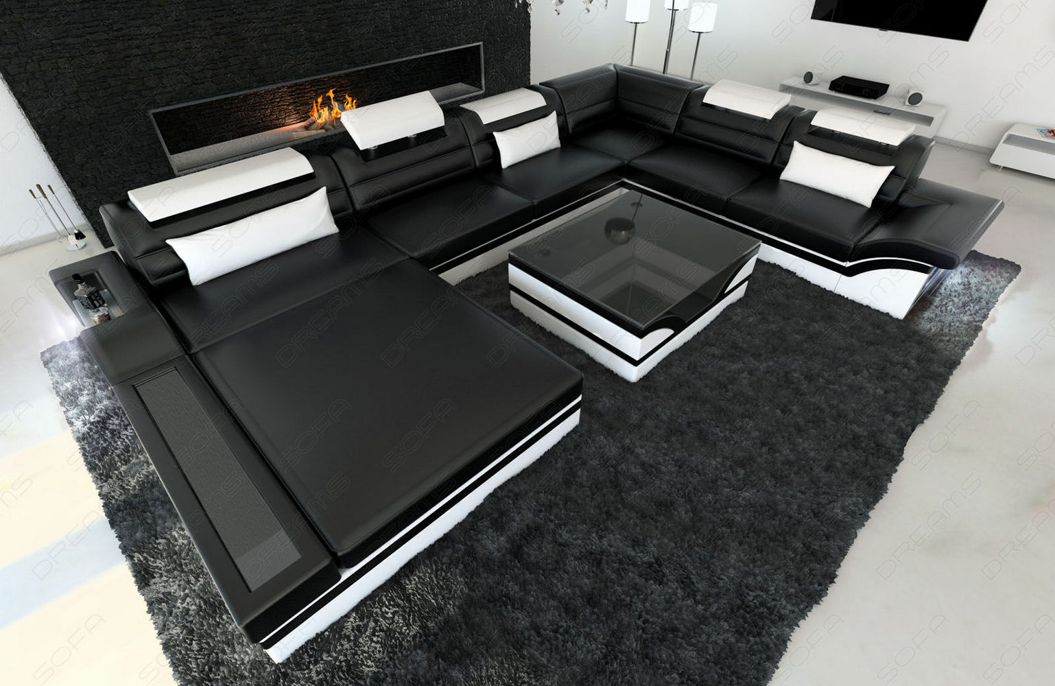 Mini Designer-Wohnlandschaft Mezzo XXL mit LED Schwarz-Weiß