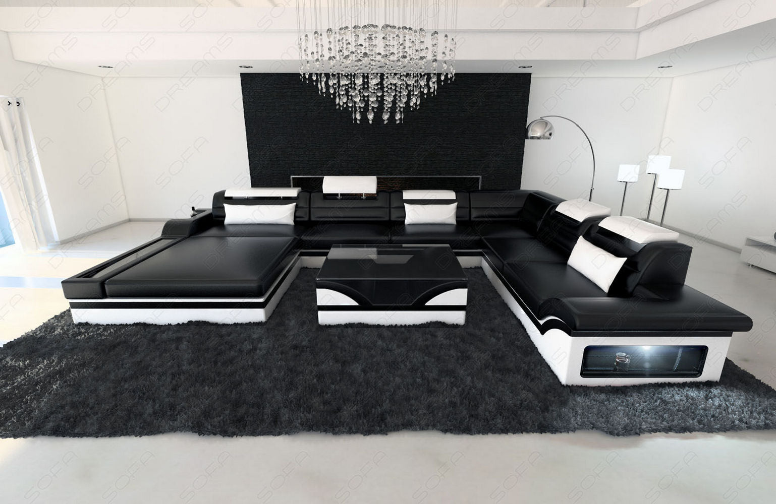 Mini Designer-Wohnlandschaft Mezzo XXL mit LED Schwarz-Weiß