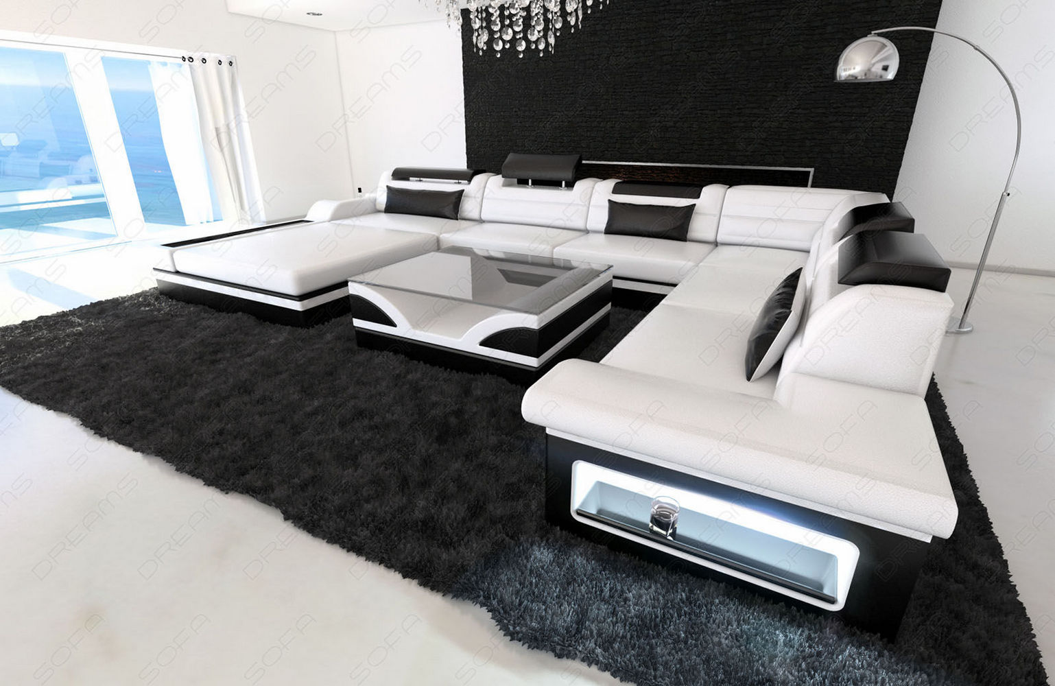 Mini XXL Wohnlandschaft Mezzo U-Form aus Leder Weiß-Schwarz