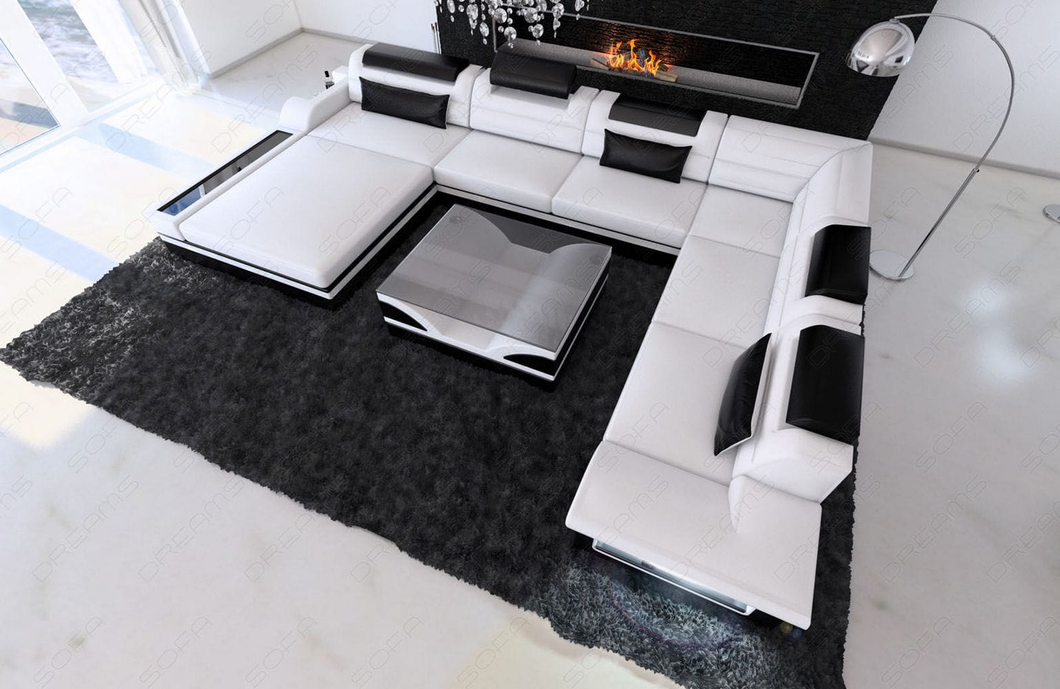 Mini XXL Wohnlandschaft Mezzo U-Form aus Leder Weiß-Schwarz