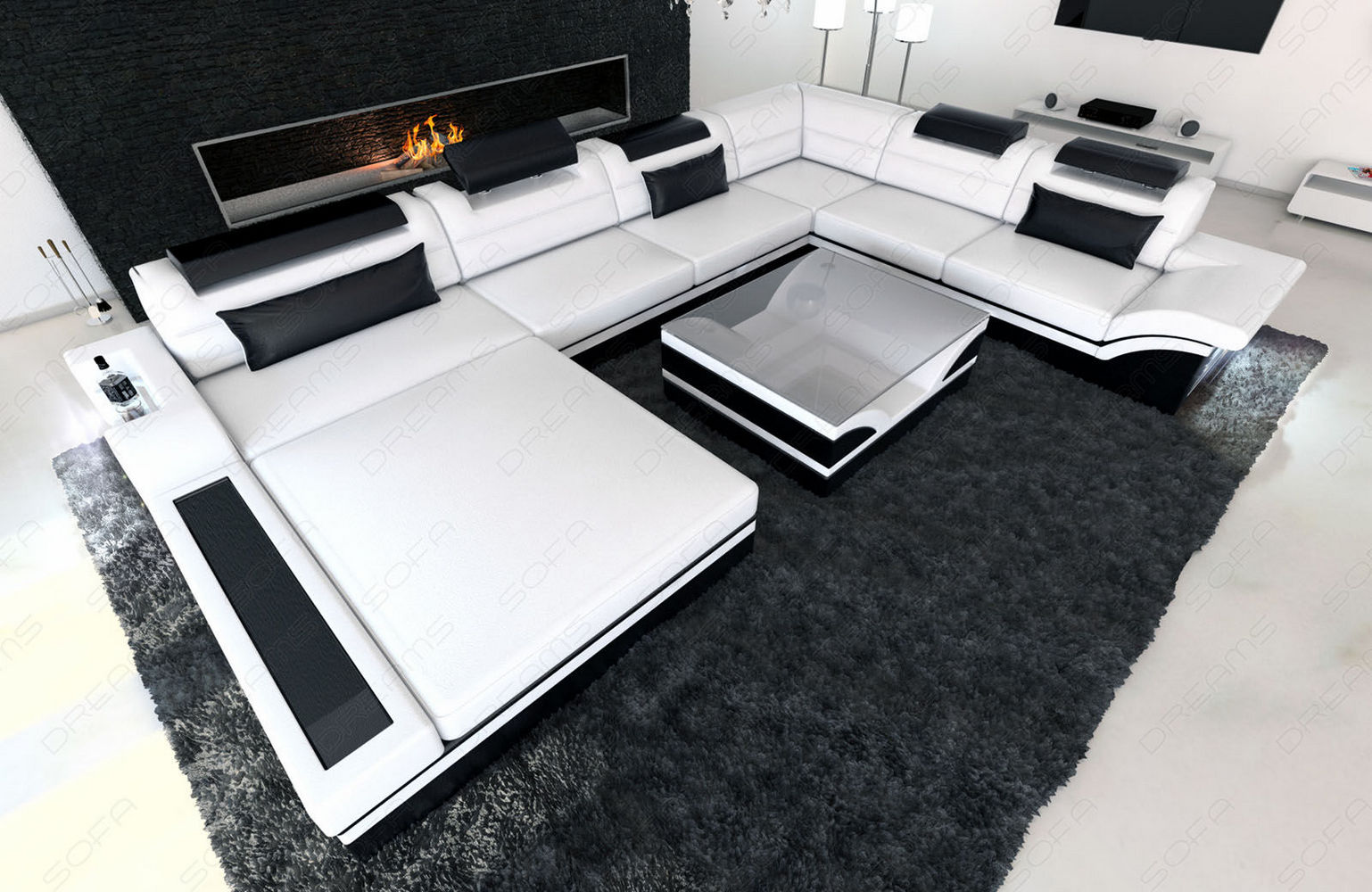 Mini XXL Wohnlandschaft Mezzo U-Form aus Leder Weiß-Schwarz