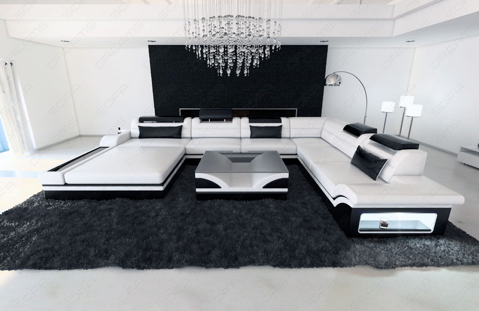 Mini XXL Wohnlandschaft Mezzo U-Form aus Leder Weiß-Schwarz