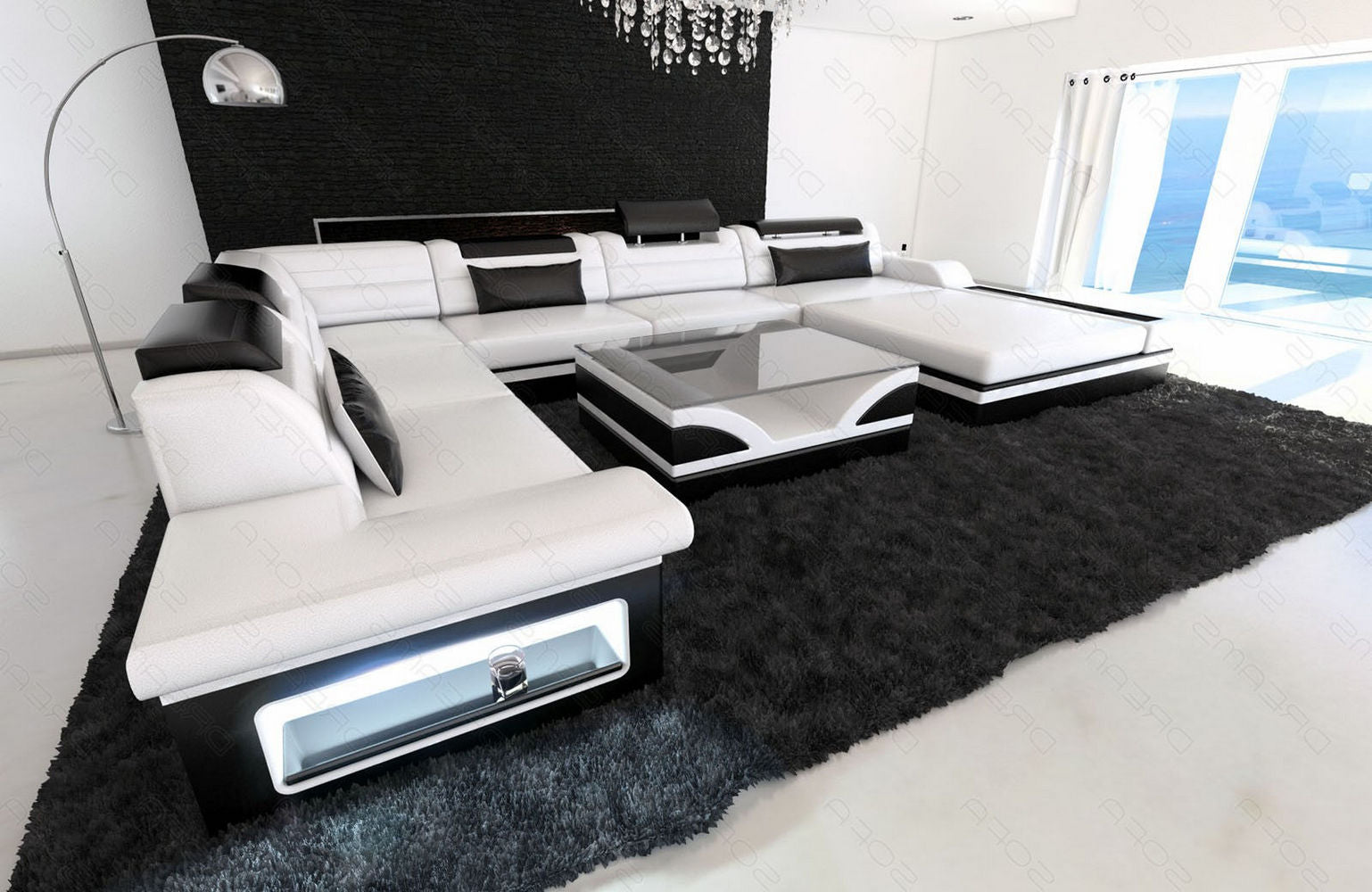 Mini XXL Wohnlandschaft Mezzo U-Form aus Leder weiß-schwarz