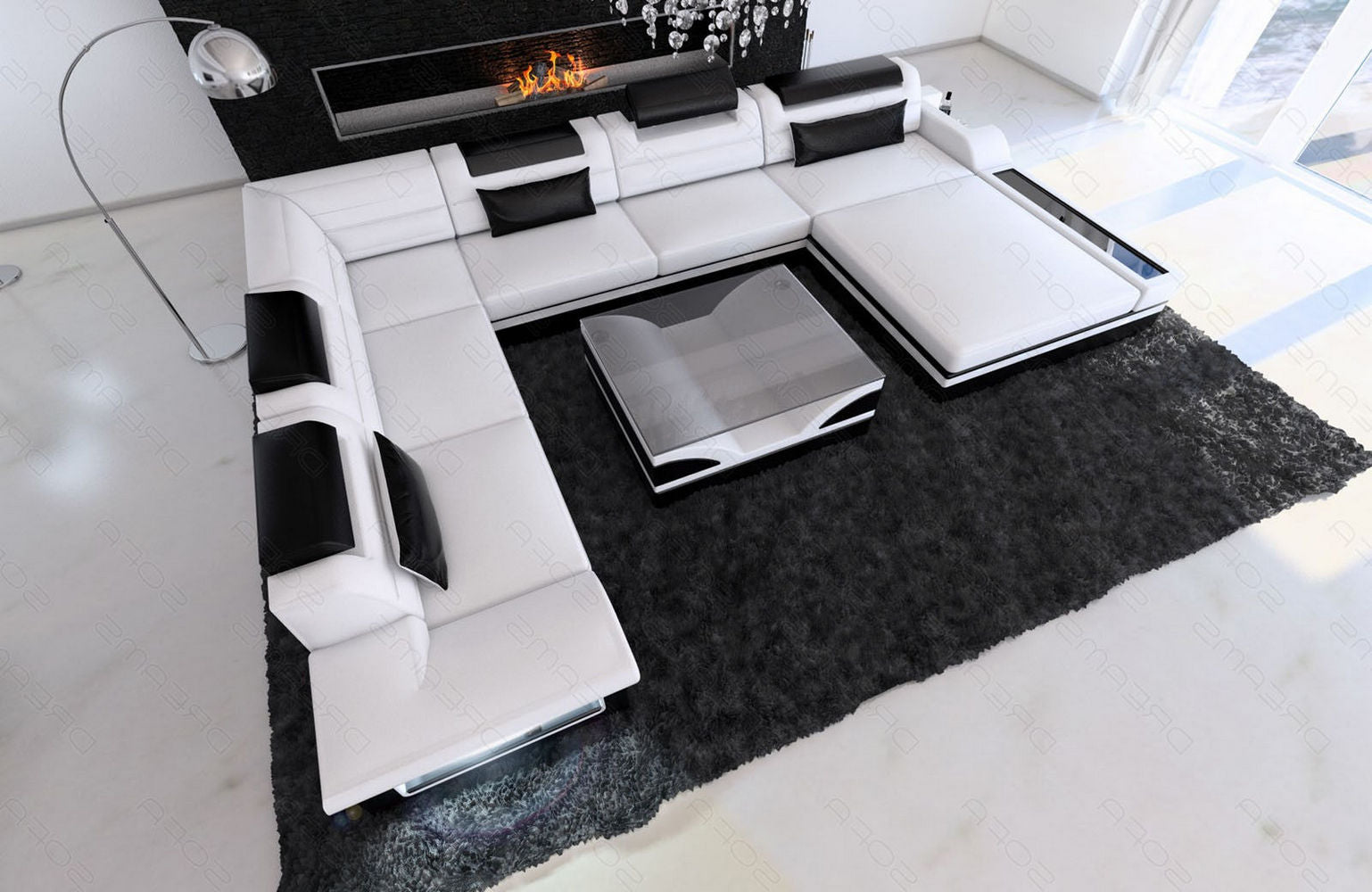 Mini XXL Wohnlandschaft Mezzo U-Form aus Leder weiß-schwarz