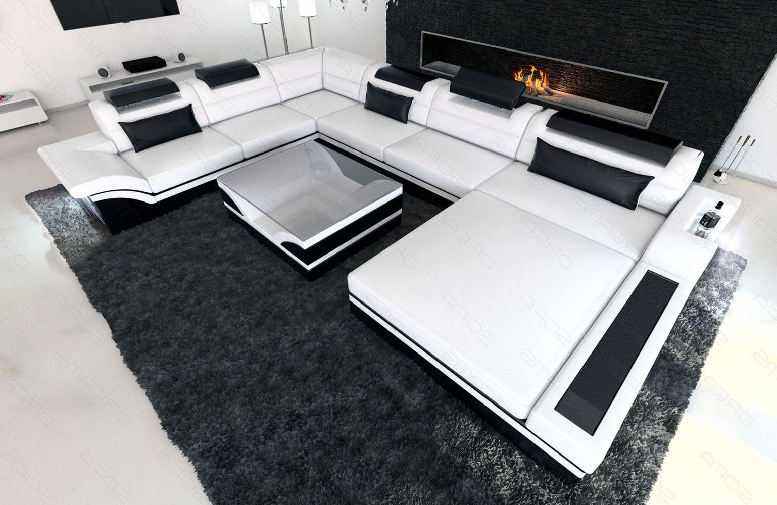 Mini XXL Wohnlandschaft Mezzo U-Form aus Leder weiß-schwarz