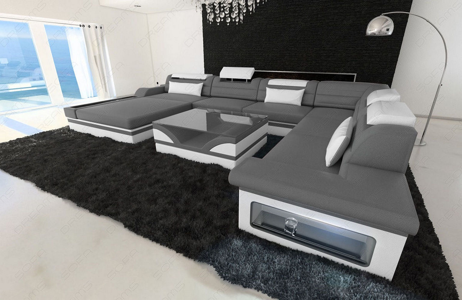 Mini XXL Wohnlandschaft Mezzo U-Form aus Leder Grau-Weiß