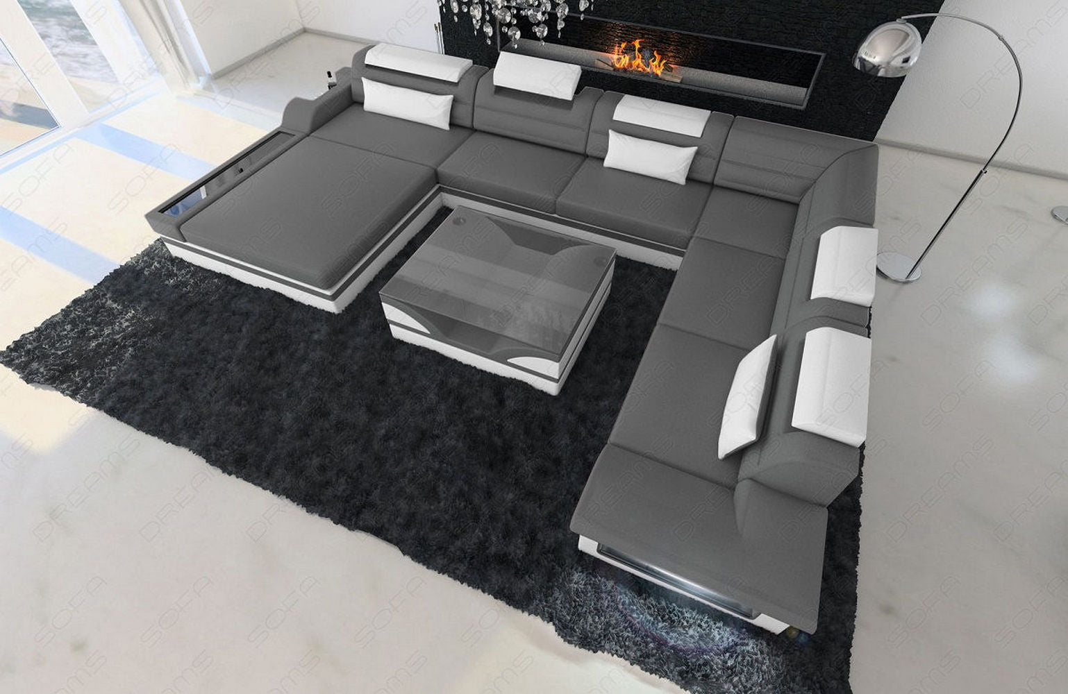 Mini XXL Wohnlandschaft Mezzo U-Form aus Leder Grau-Weiß