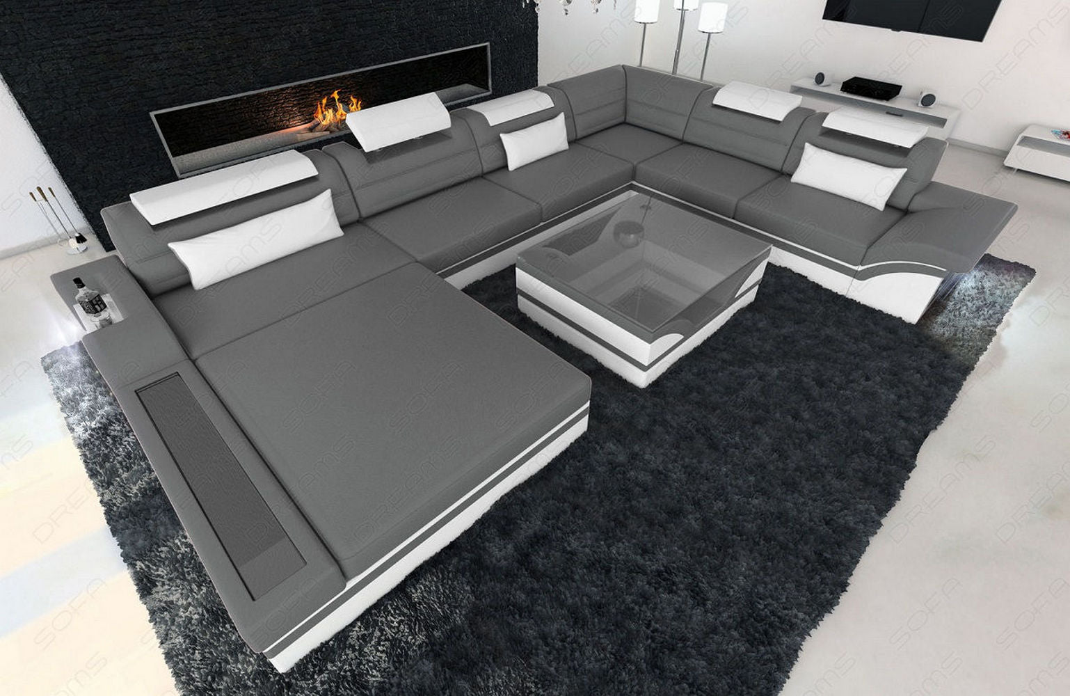 Mini XXL Wohnlandschaft Mezzo U-Form aus Leder Grau-Weiß