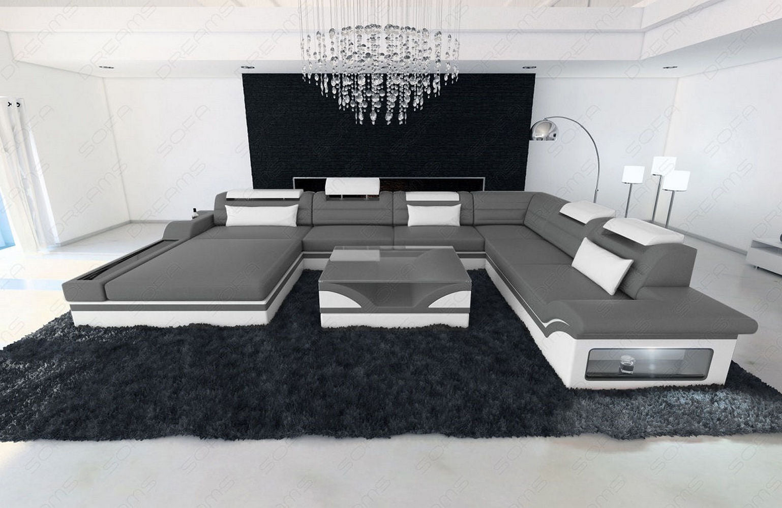 Mini XXL Wohnlandschaft Mezzo U-Form aus Leder Grau-Weiß