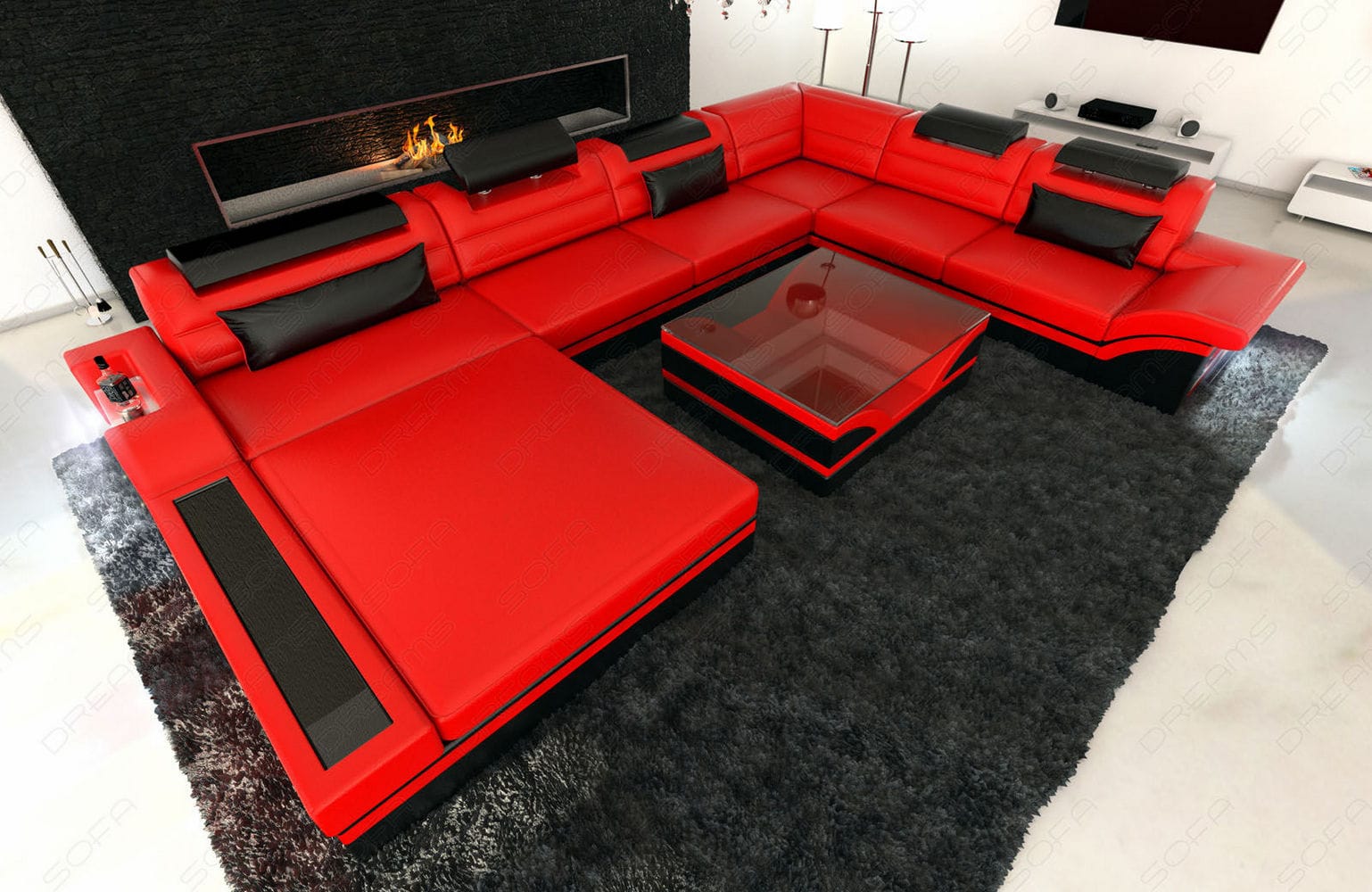 Mini XXL Wohnlandschaft Mezzo U-Form aus Leder Rot-Schwarz