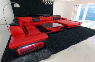 Mini XXL Wohnlandschaft Mezzo U-Form aus Leder Rot-Schwarz