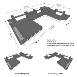 Mini XXL Wohnlandschaft Mezzo U-Form aus Leder Rot-Schwarz