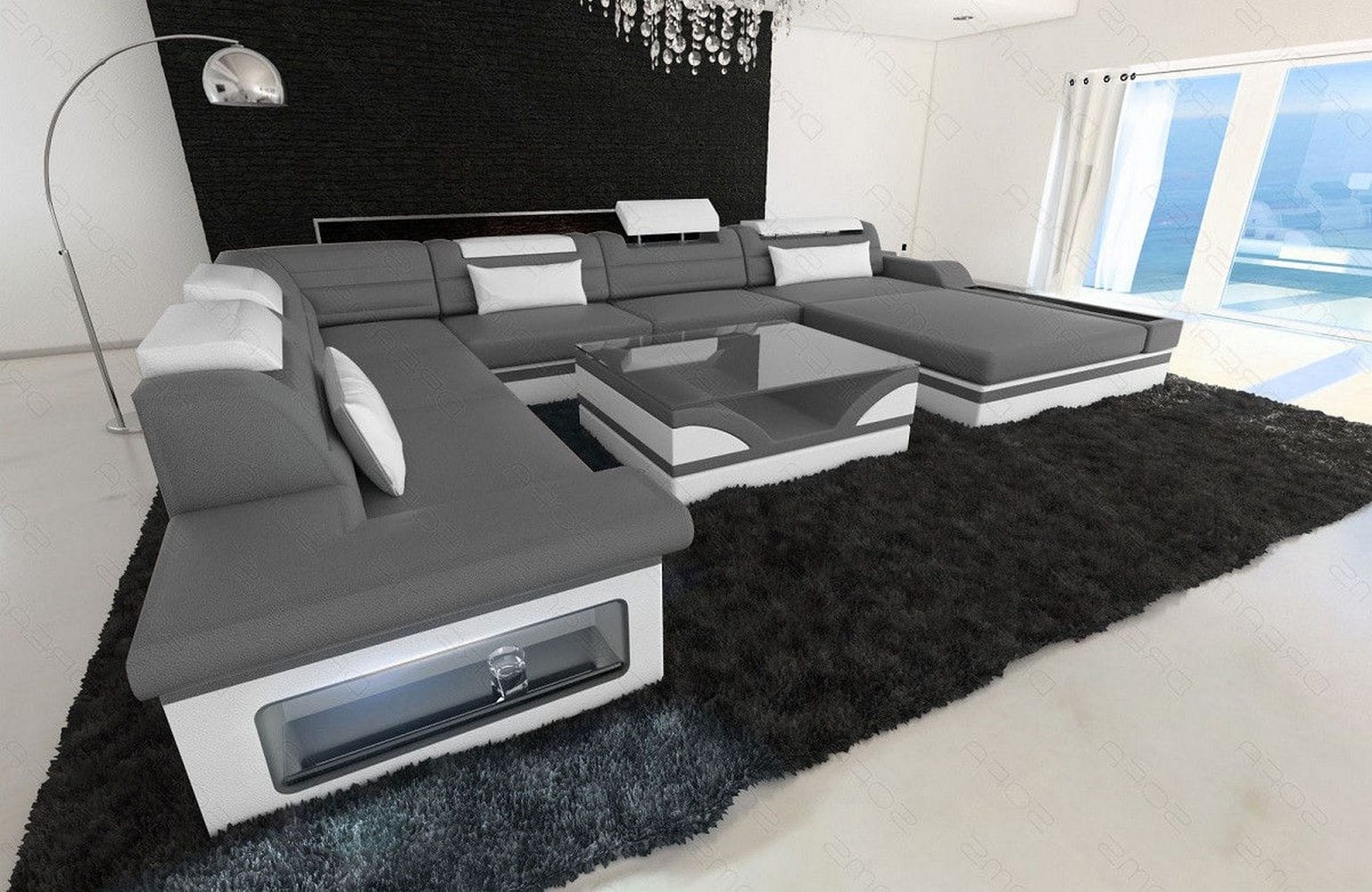 Designer Wohnlandschaft Mezzo XXL mit LED grau-weiß