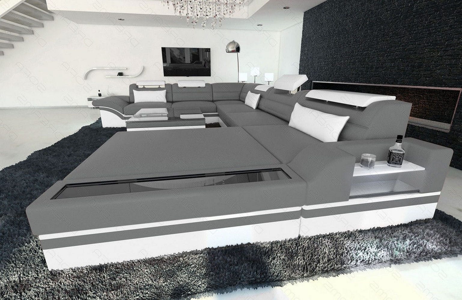 Designer Wohnlandschaft Mezzo XXL mit LED grau-weiß