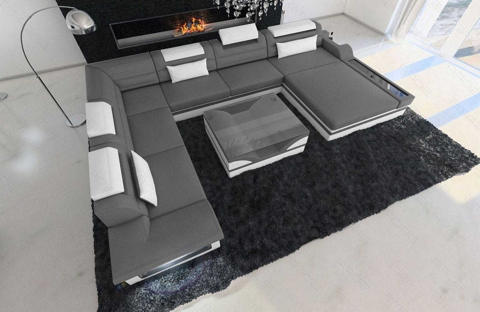 Designer Wohnlandschaft Mezzo XXL mit LED grau-weiß