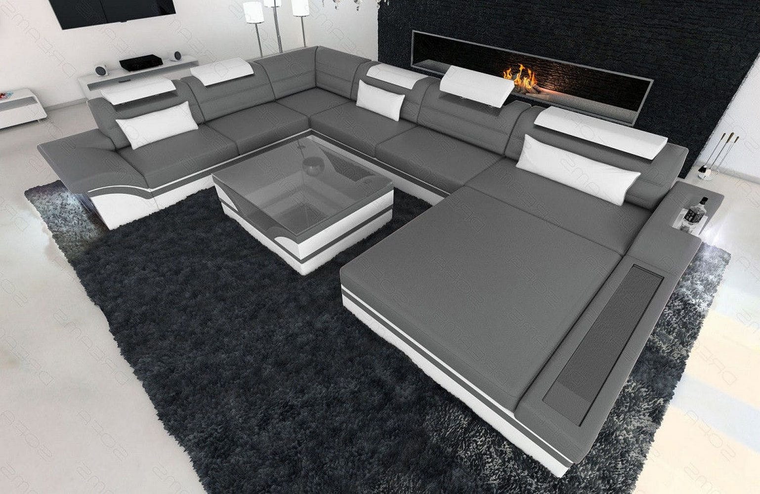 Designer Wohnlandschaft Mezzo XXL mit LED grau-weiß