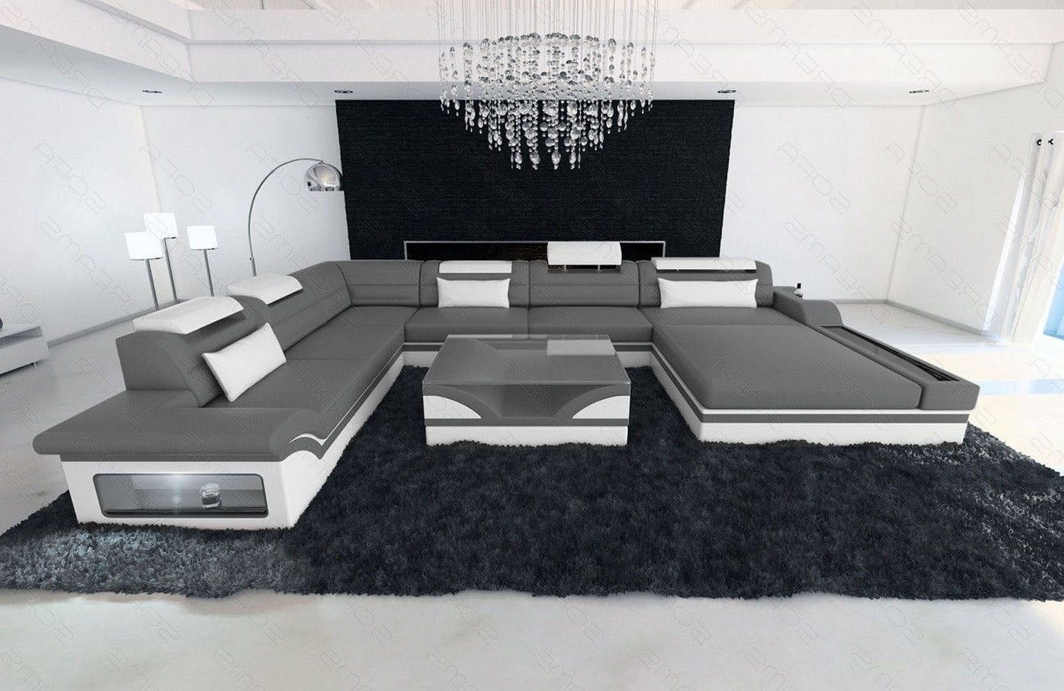 Designer Wohnlandschaft Mezzo XXL mit LED grau-weiß