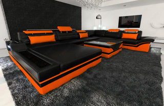 XXL Wohnlandschaft Mezzo U-Form in Leder schwarz-orange
