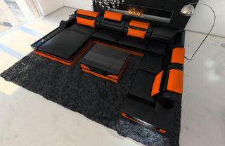 XXL Wohnlandschaft Mezzo U-Form in Leder schwarz-orange