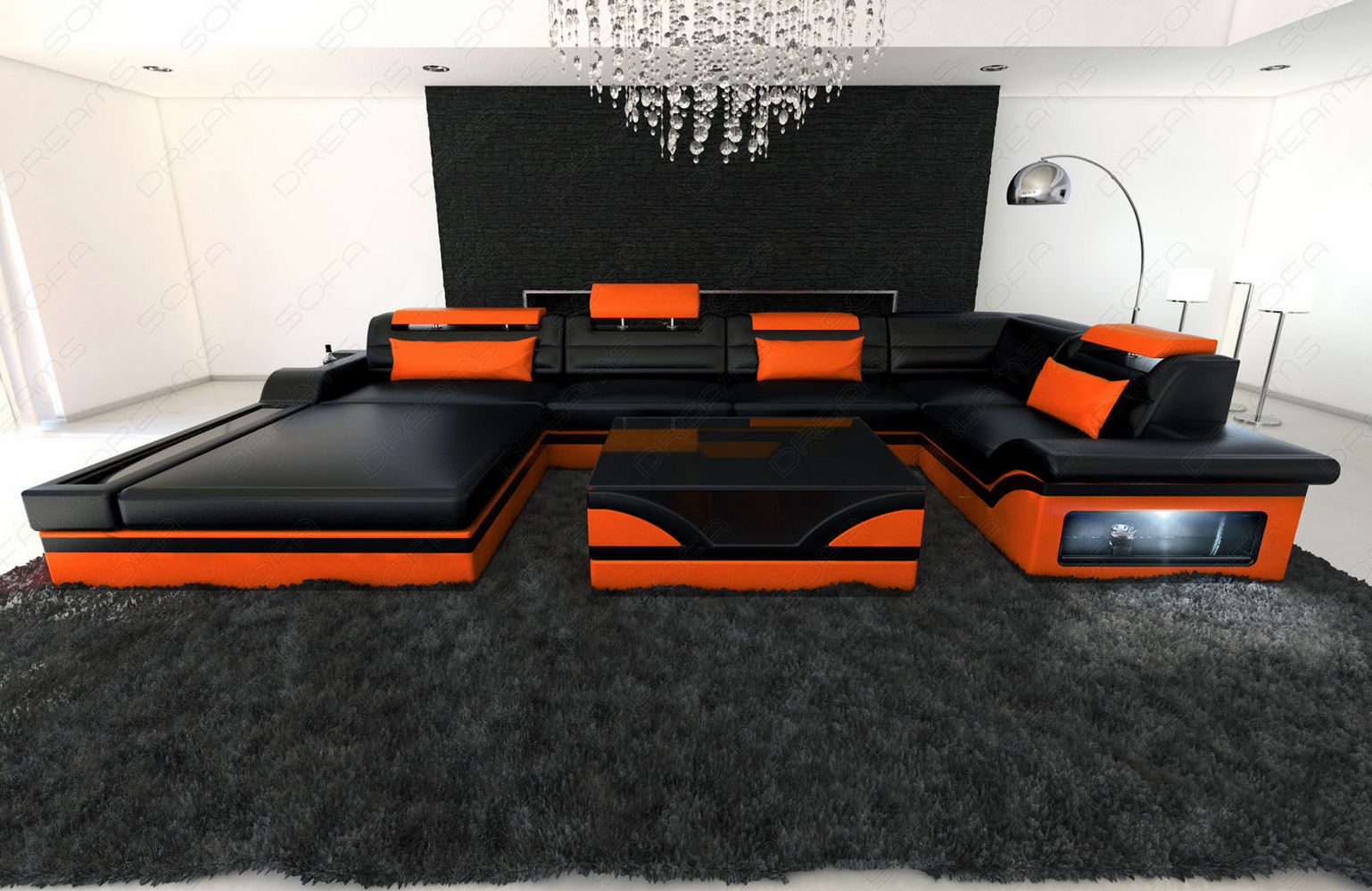 Mini Sofa Mezzo U-Form in Leder Schwarz-Orange
