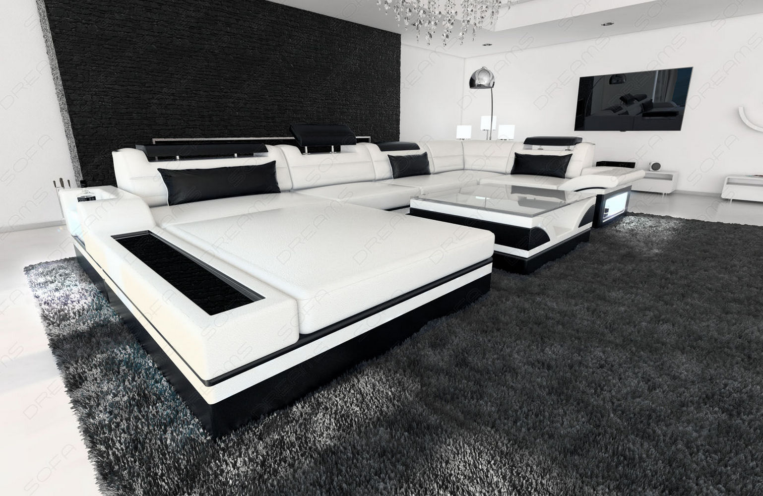 Mini Sofa Mezzo U-Form in Leder Weiß-Schwarz