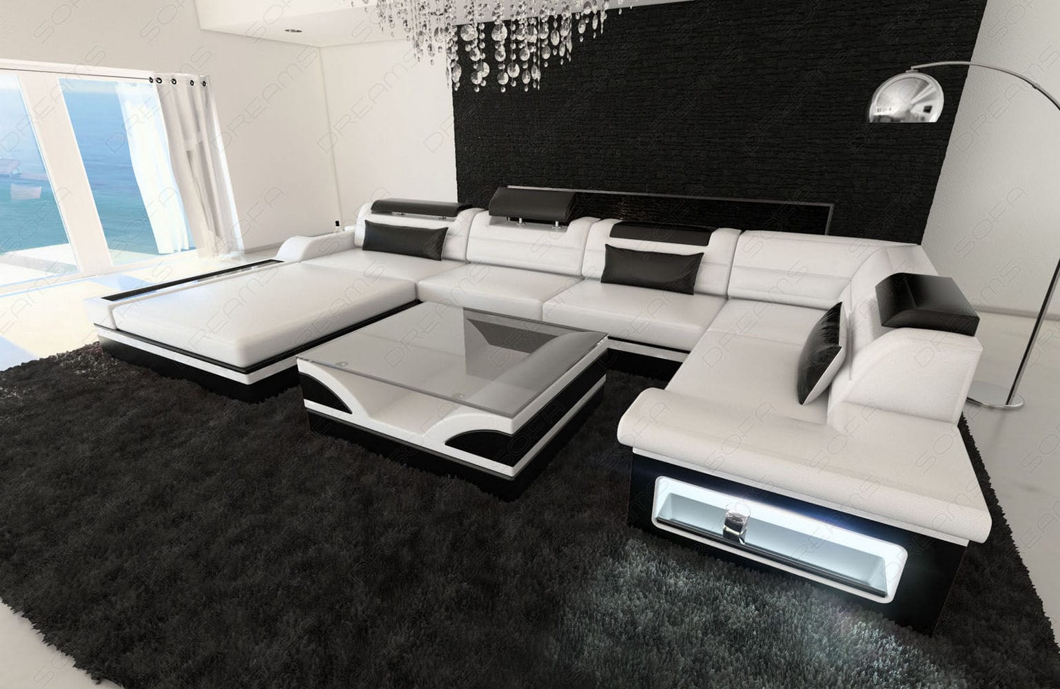 Mini Sofa Mezzo U-Form in Leder Weiß-Schwarz