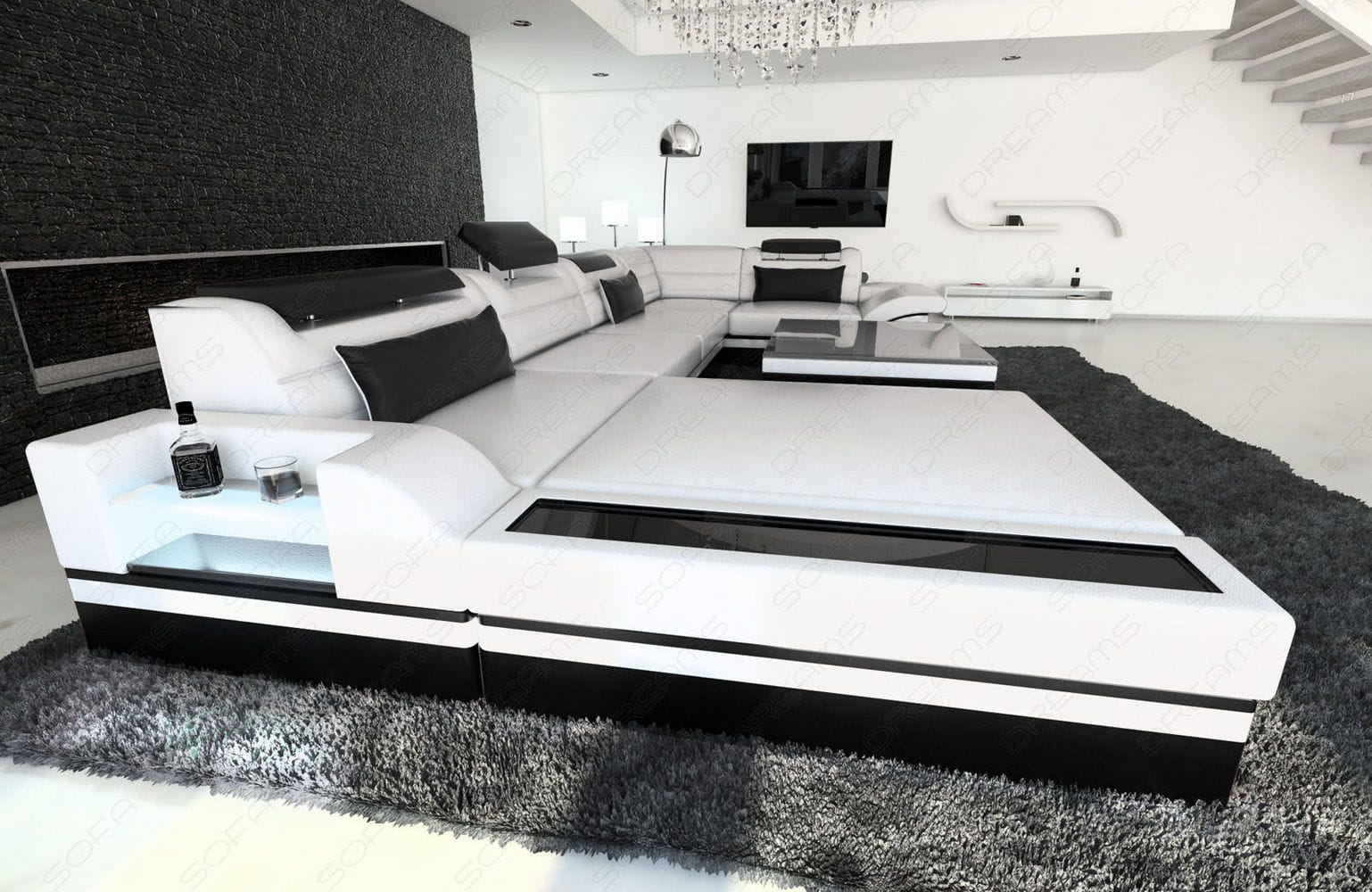 Mini Sofa Mezzo U-Form in Leder Weiß-Schwarz