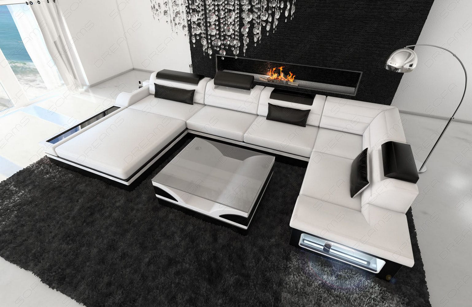 Mini Sofa Mezzo U-Form in Leder Weiß-Schwarz