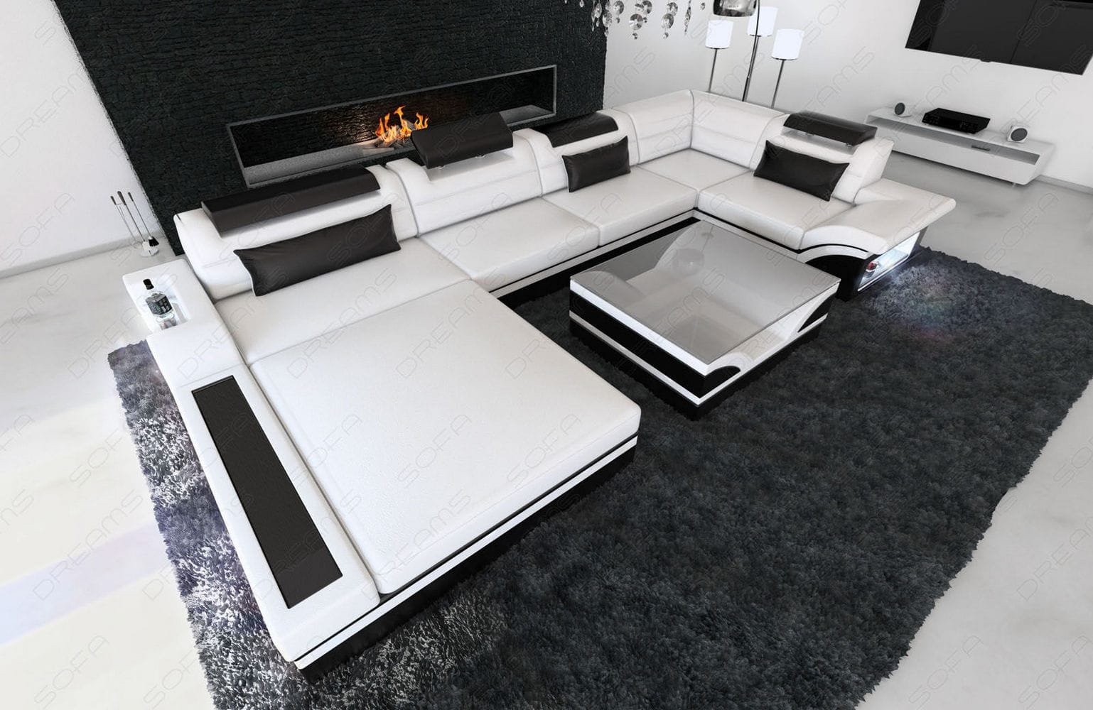 Mini Sofa Mezzo U-Form in Leder Weiß-Schwarz
