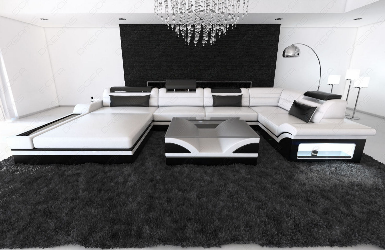 Mini Sofa Mezzo U-Form in Leder Weiß-Schwarz