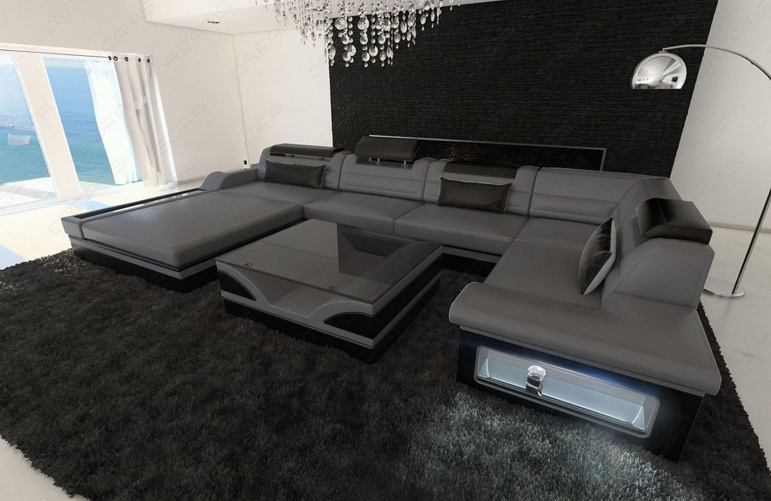 Mini Sofa Mezzo U-Form in Leder Grau-Schwarz
