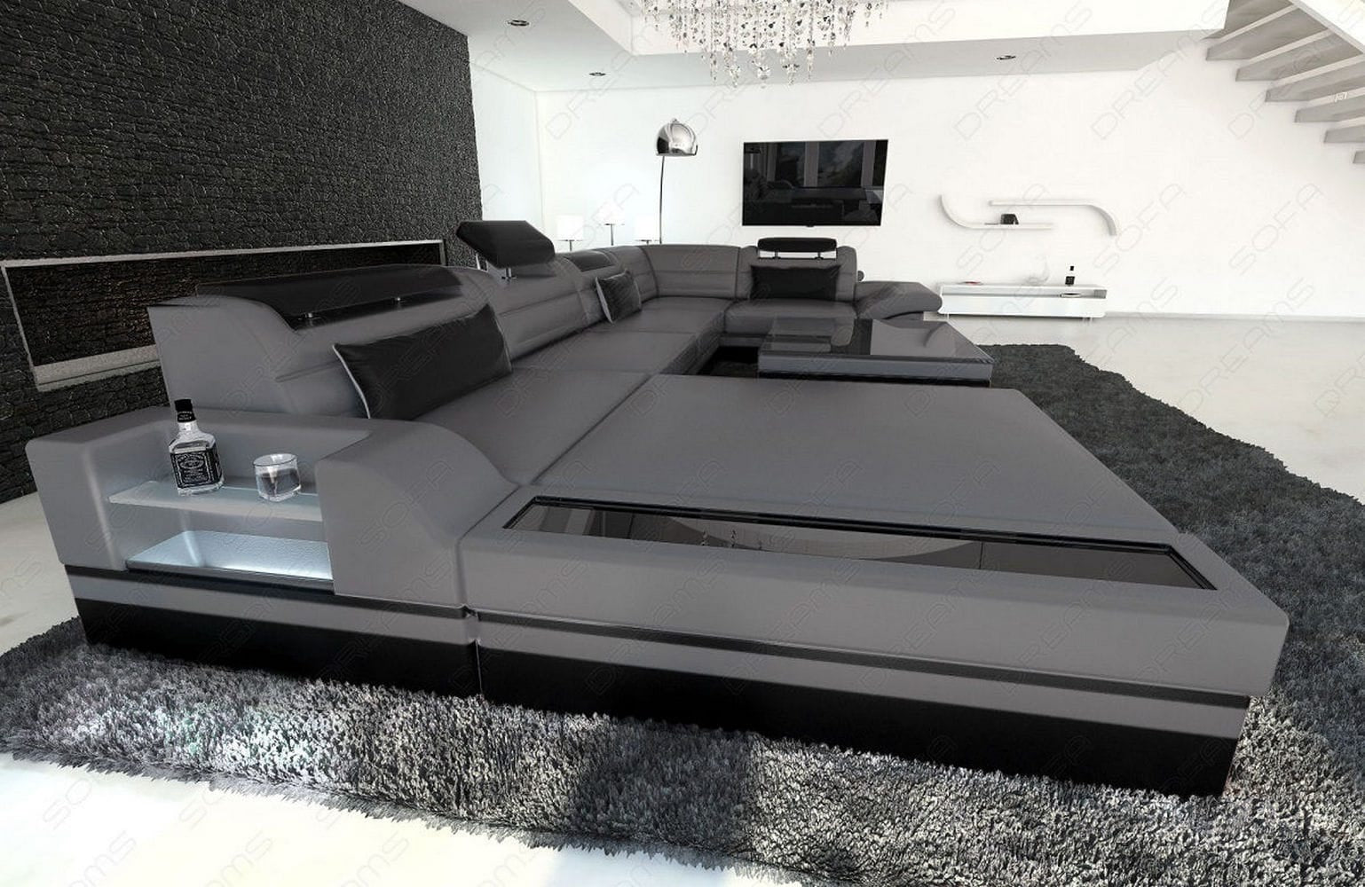 Mini Sofa Mezzo U-Form in Leder Grau-Schwarz