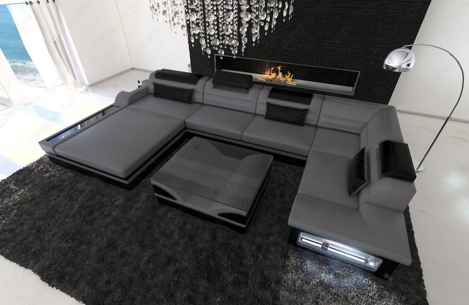 Mini Sofa Mezzo U-Form in Leder Grau-Schwarz