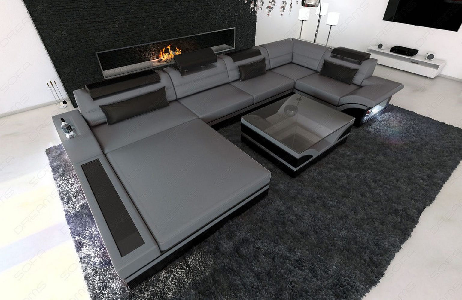 Mini Sofa Mezzo U-Form in Leder Grau-Schwarz