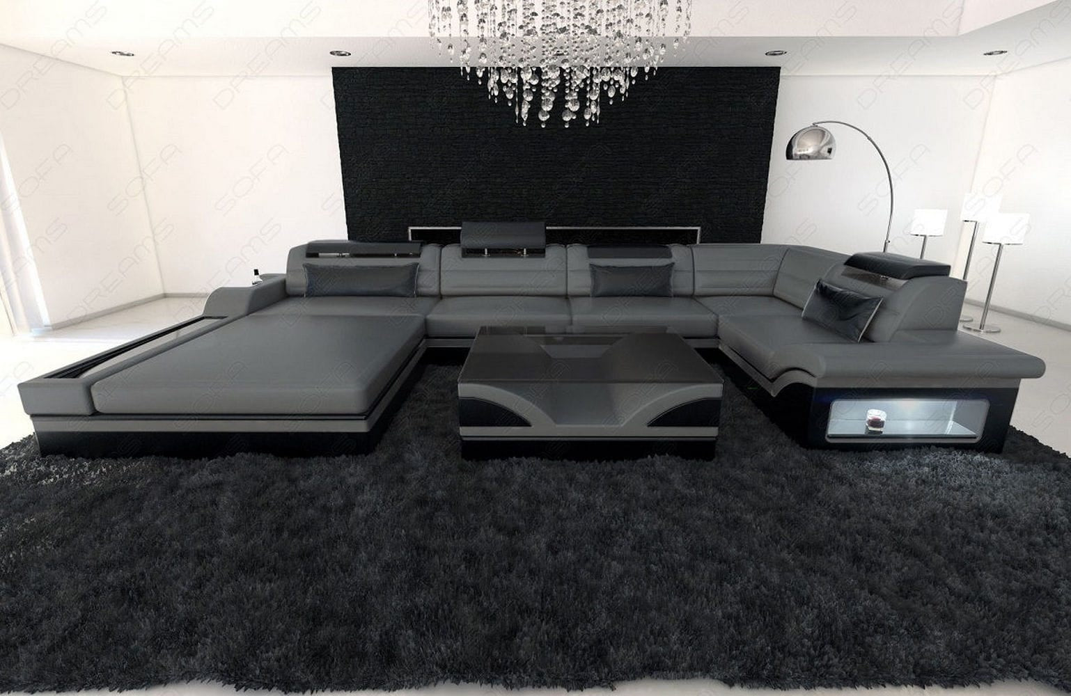 Mini Sofa Mezzo U-Form in Leder Grau-Schwarz