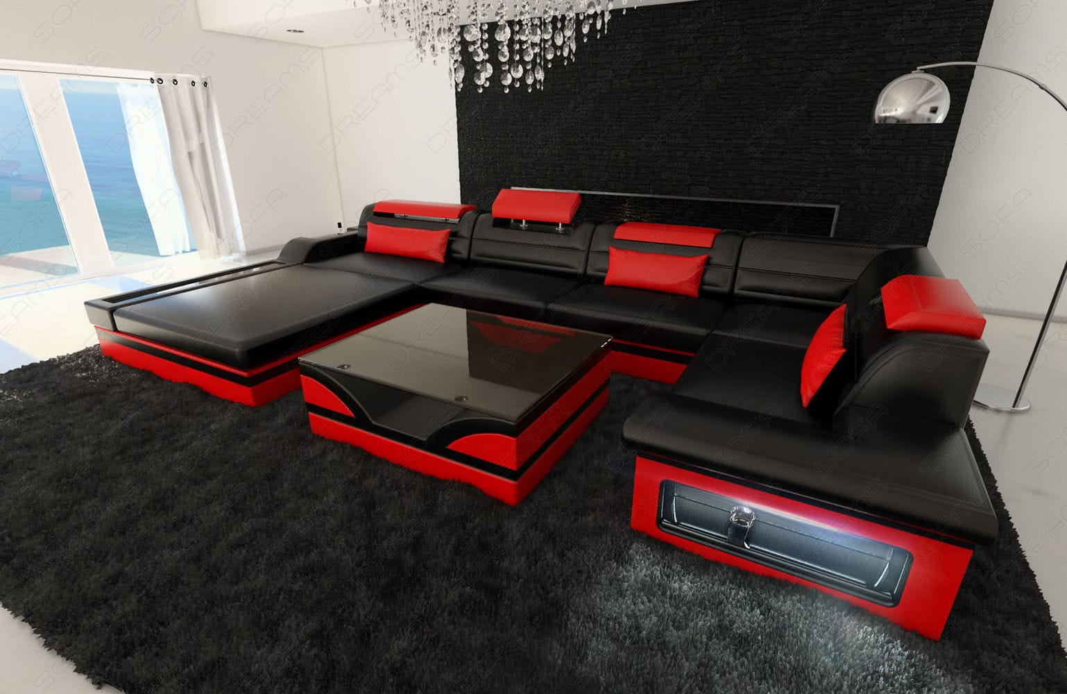Mini Sofa Mezzo U-Form in Leder Schwarz-Rot