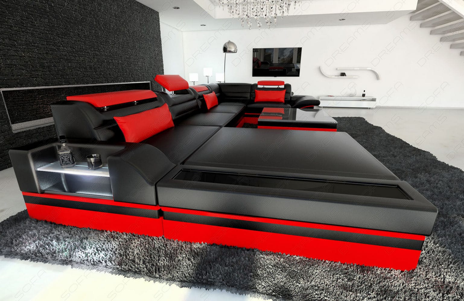Mini Sofa Mezzo U-Form in Leder Schwarz-Rot