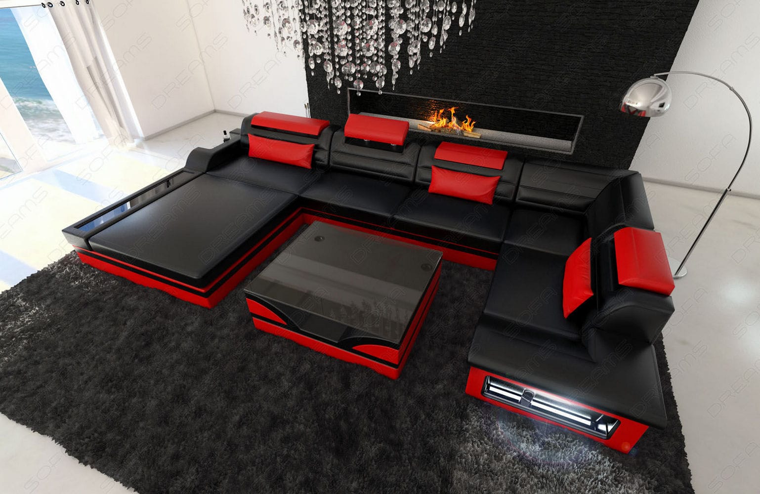 Mini Sofa Mezzo U-Form in Leder Schwarz-Rot