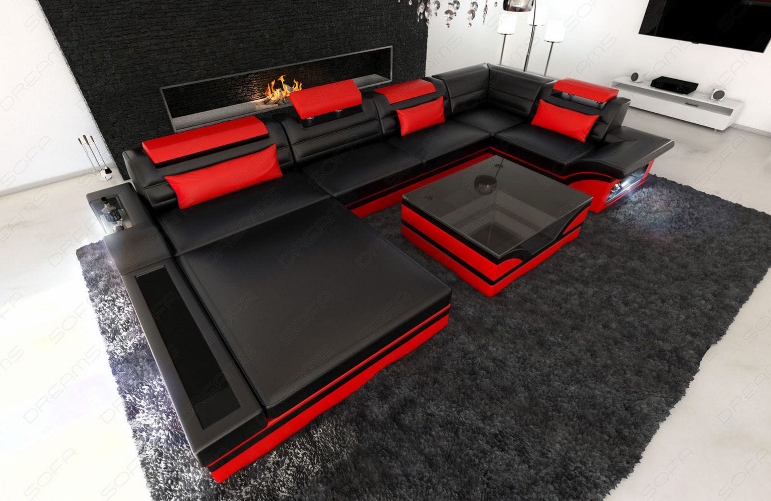 Mini Sofa Mezzo U-Form in Leder Schwarz-Rot