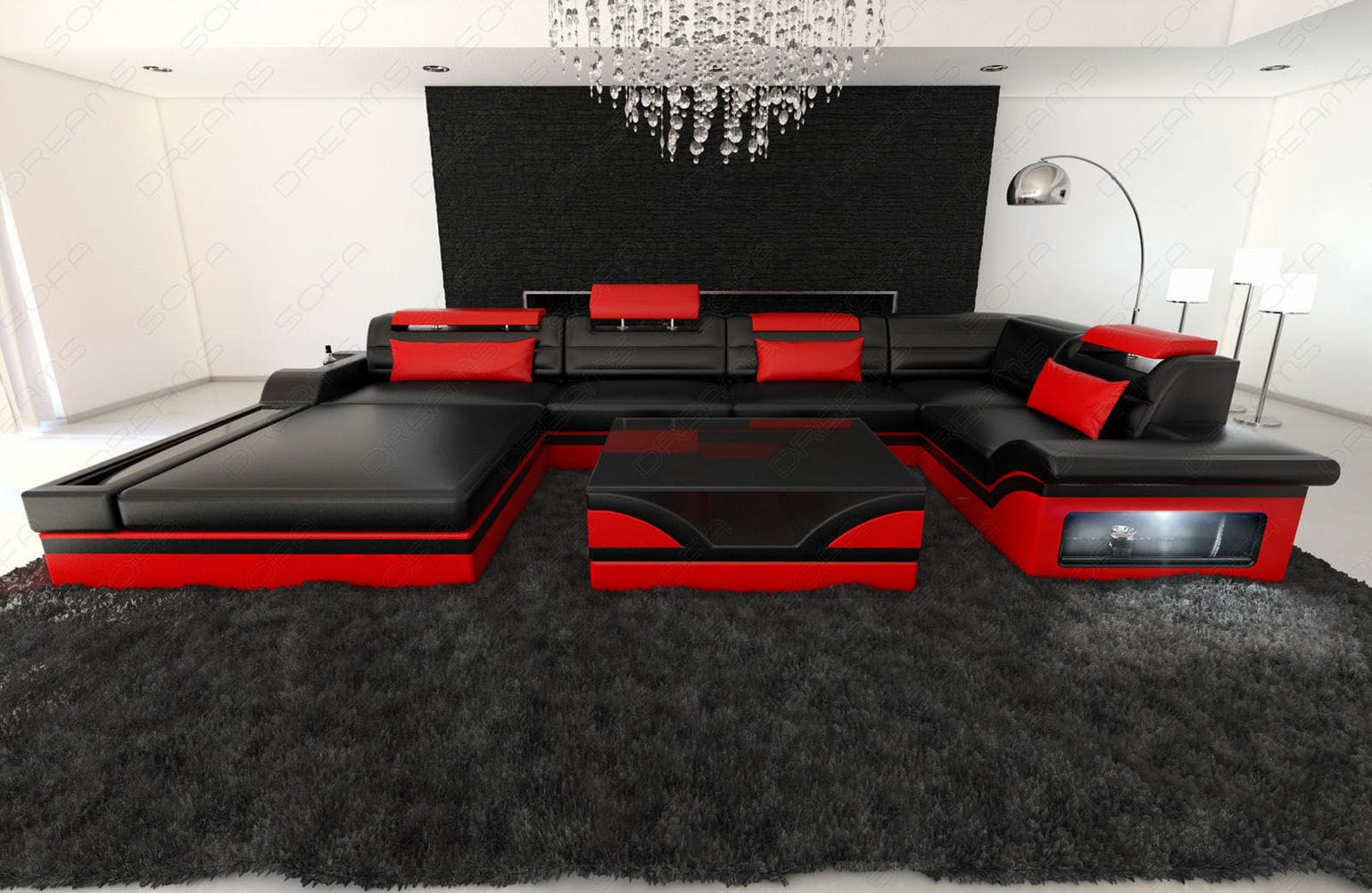 Mini Sofa Mezzo U-Form in Leder Schwarz-Rot