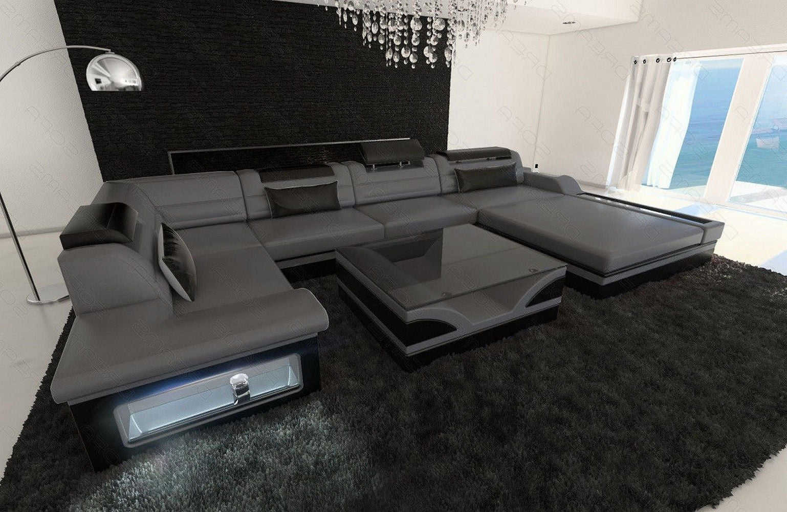 Luxus Wohnlandschaft Mezzo mit LED grau-schwarz